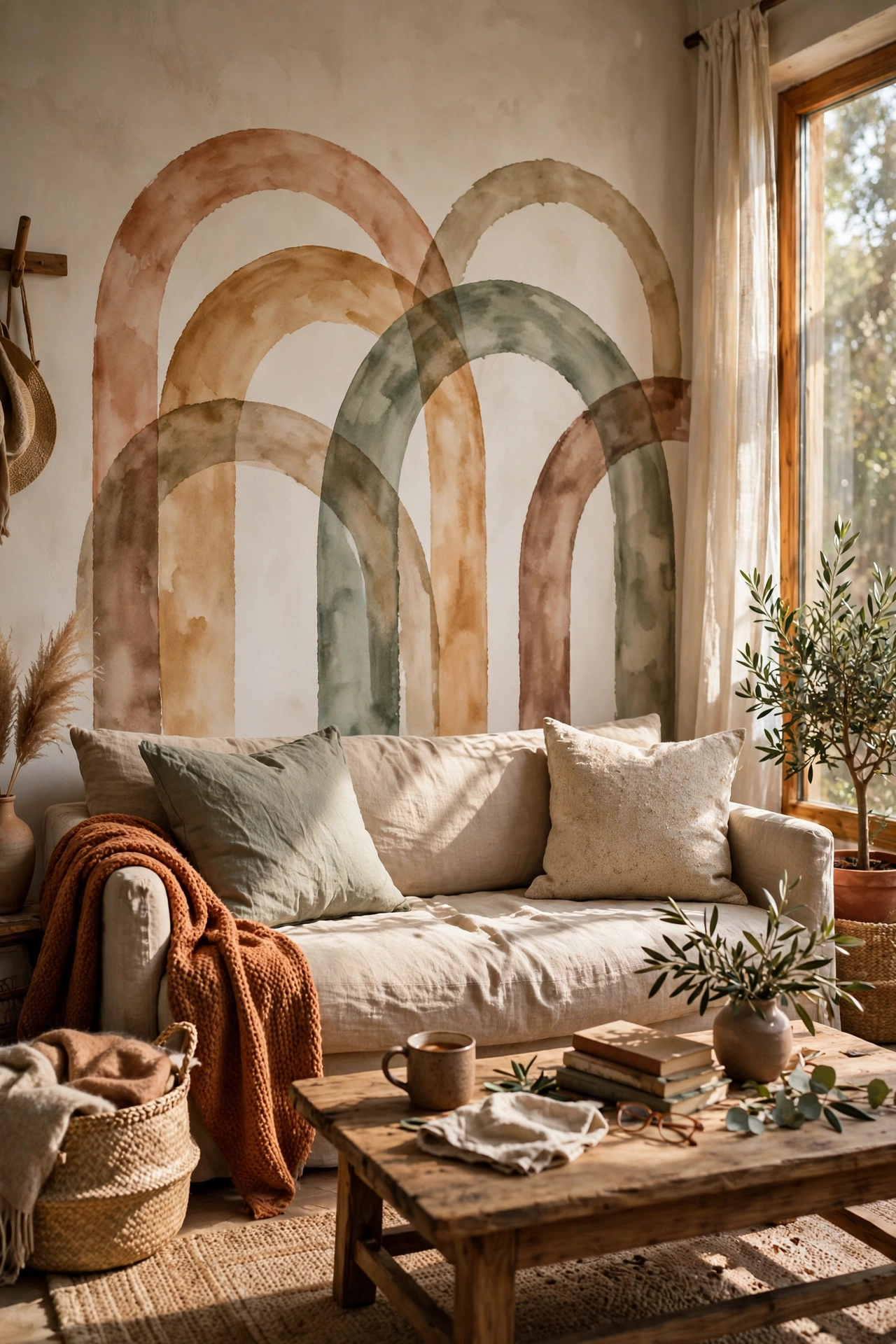 Freehand painted arches mural behind a sofa