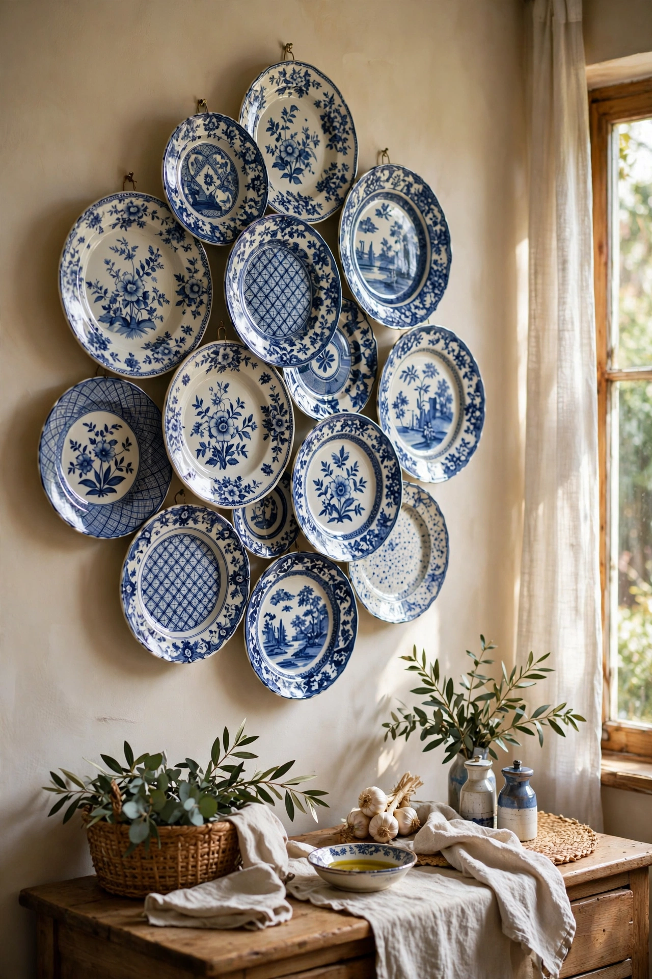 Blue and white plates hung in a tight cluster on a wall