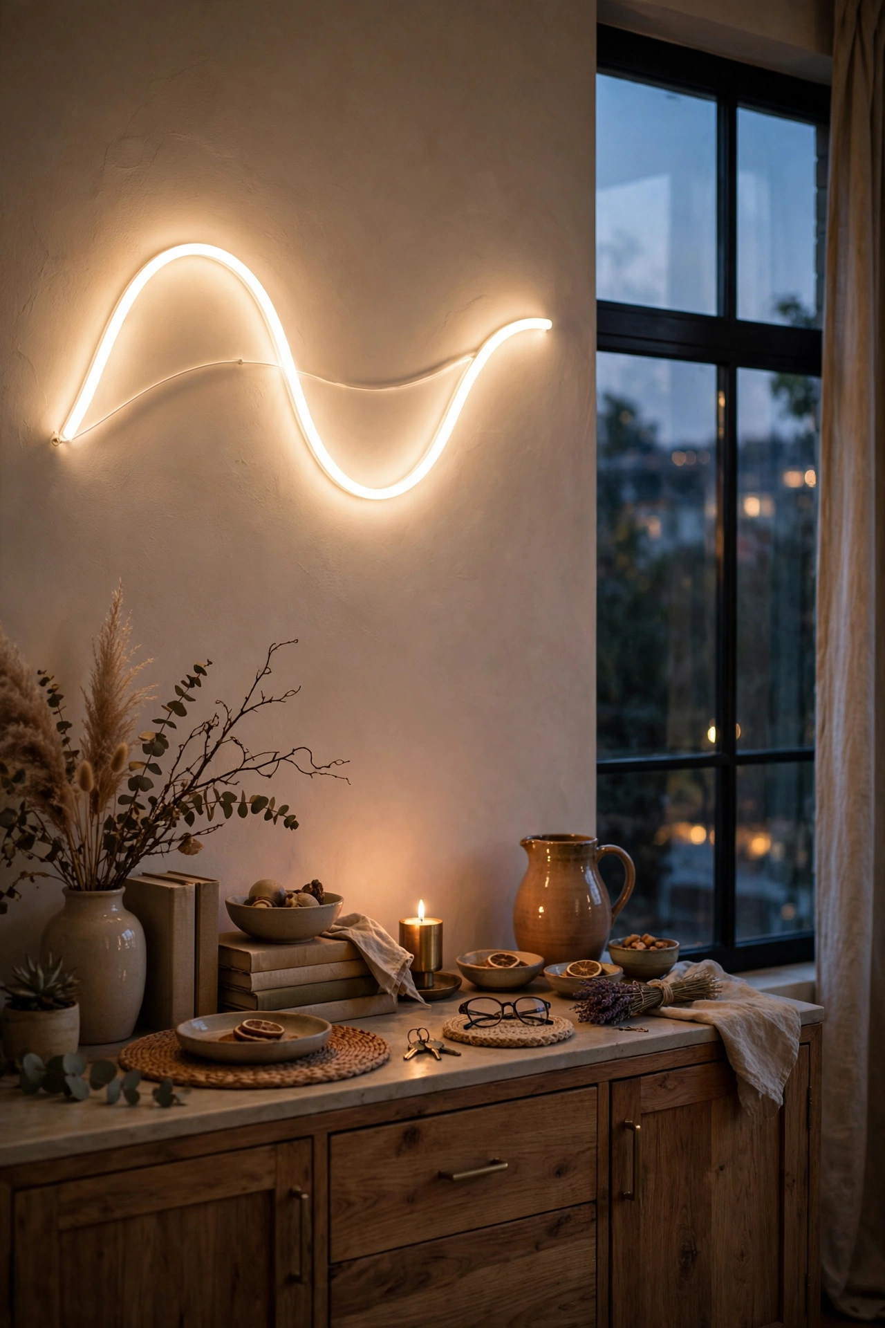 Warm white LED neon style word sign glowing over a sideboard
