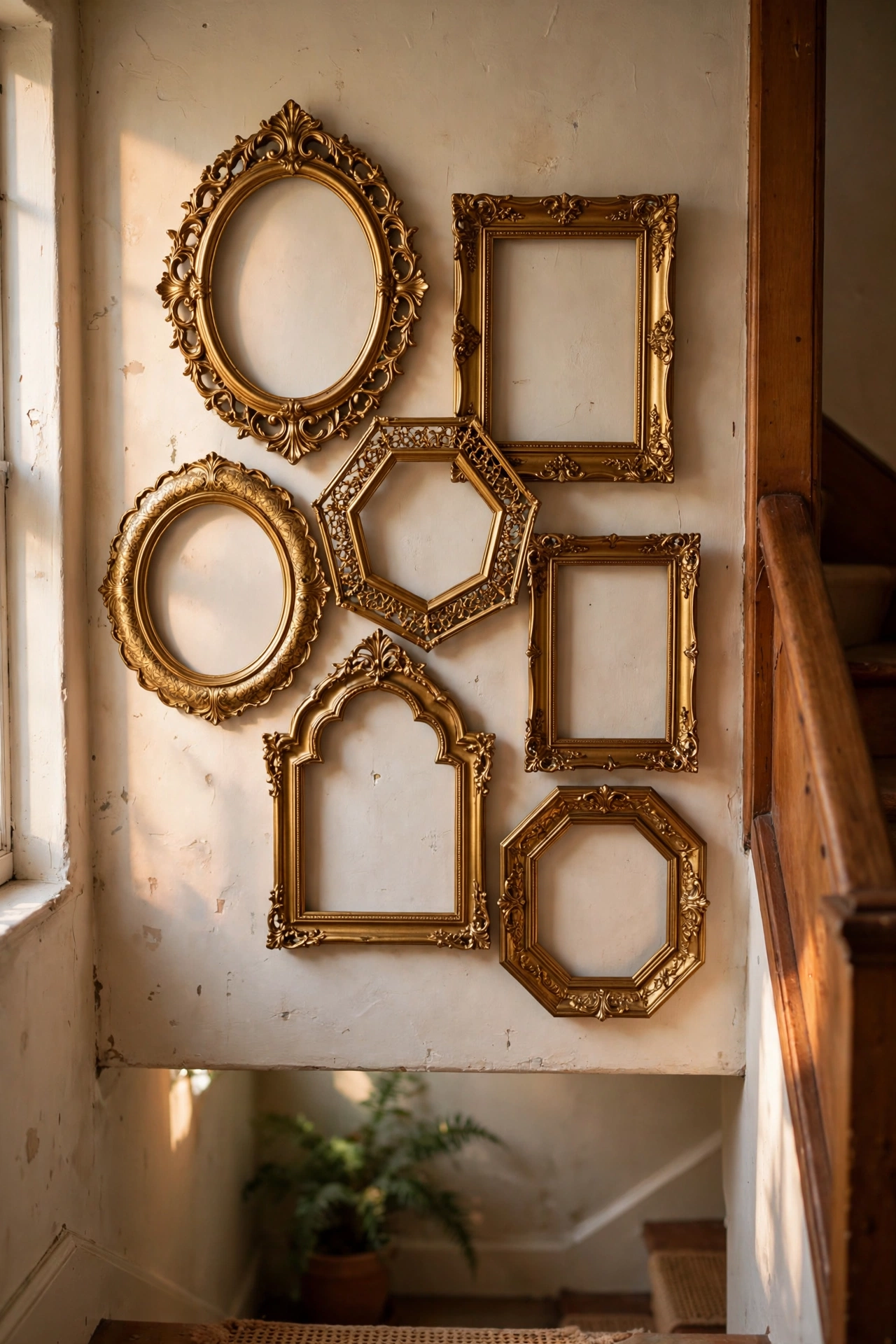 Ornate empty gold frames grouped as sculpture on a stair wall