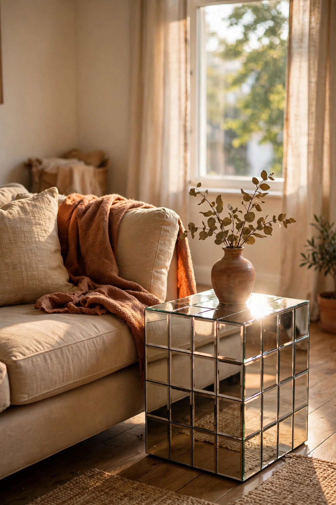 Mirrored cube side table reflecting light beside a sofa