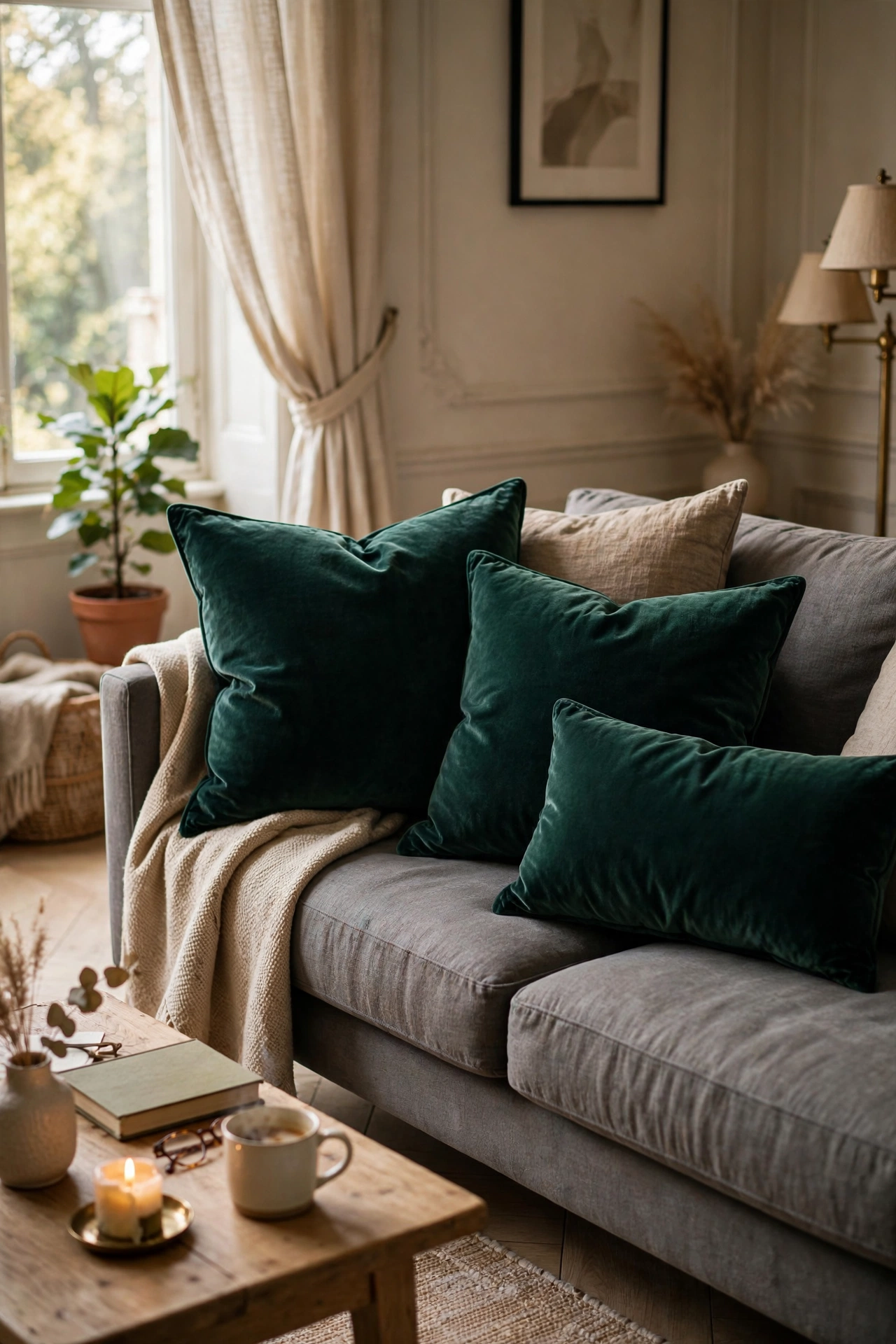 Emerald velvet cushions on a grey sofa