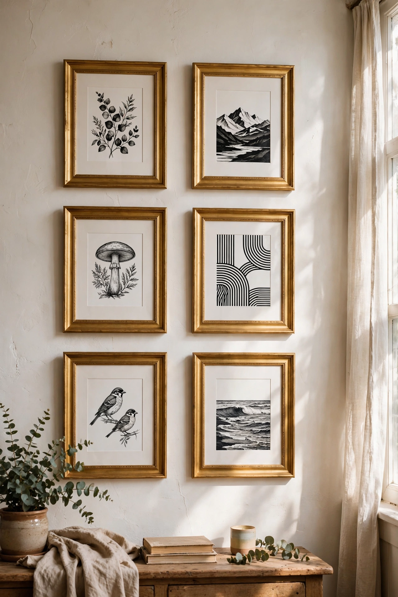 Six matching gold frames with black and white prints
