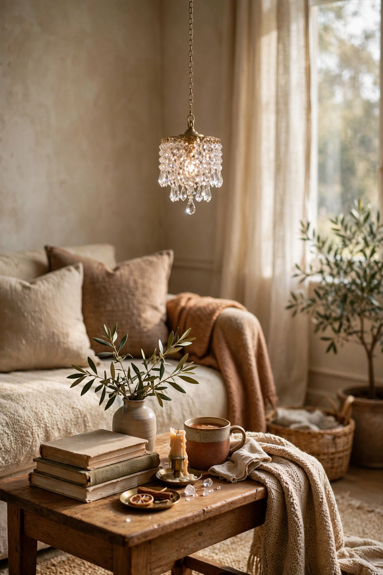 Small crystal pendant light sparkling over a side table