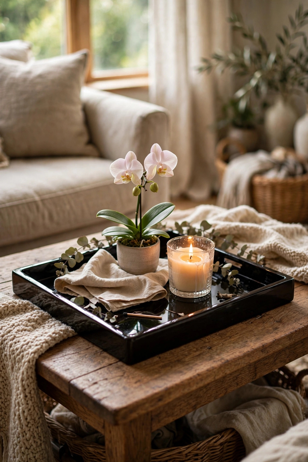 Black lacquer tray styling a coffee table with candle and orchid