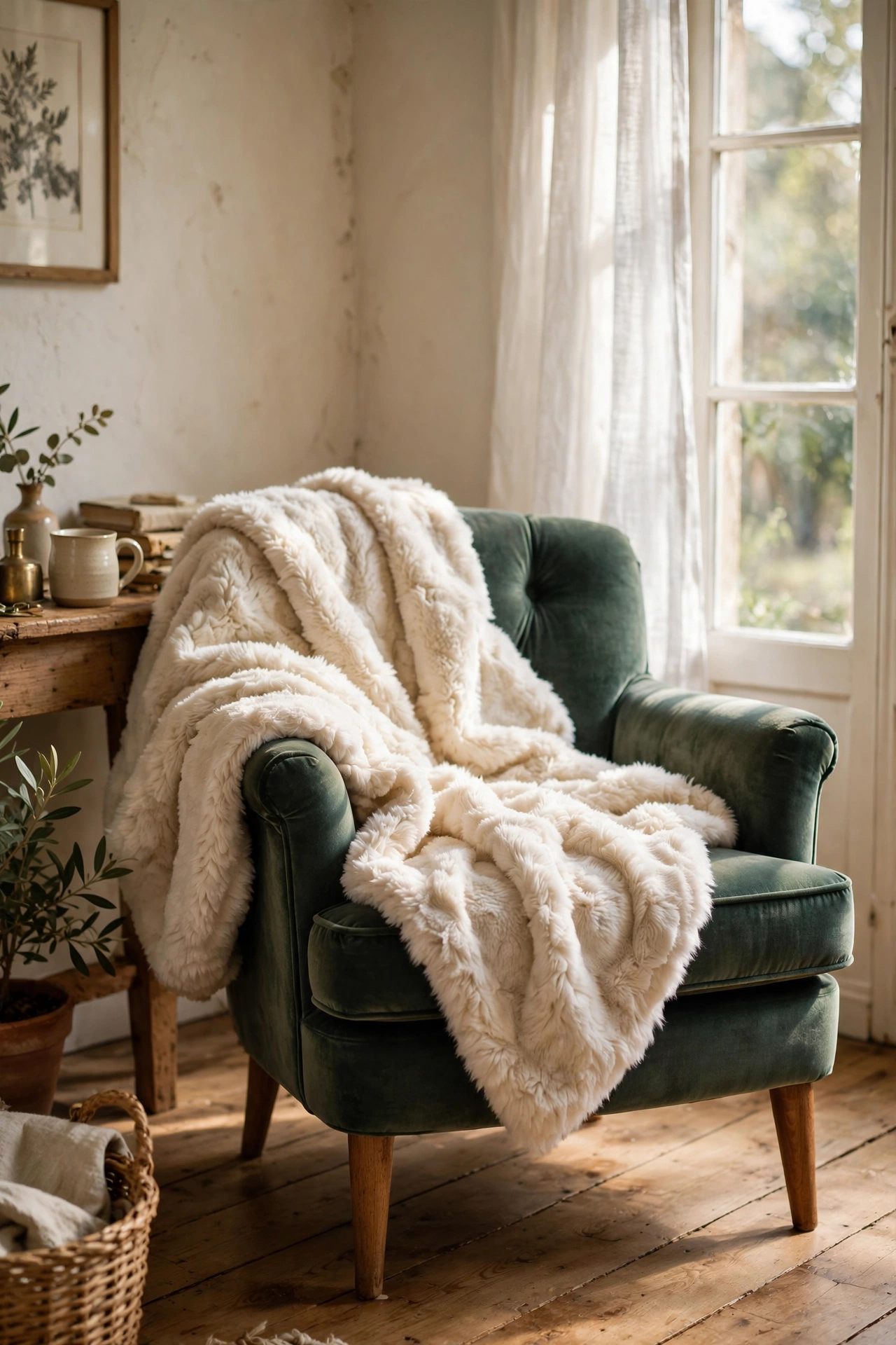 Cream faux fur throw draped over a velvet armchair