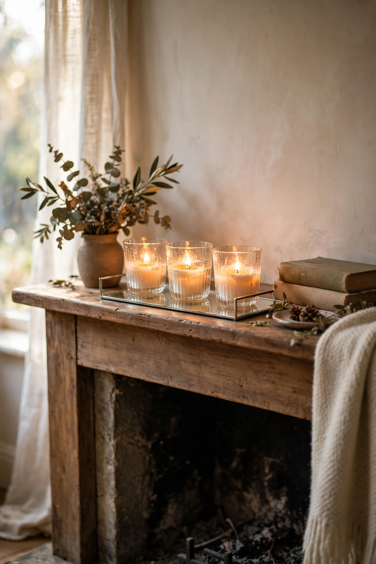 Mirrored tray with glowing candles on a mantel