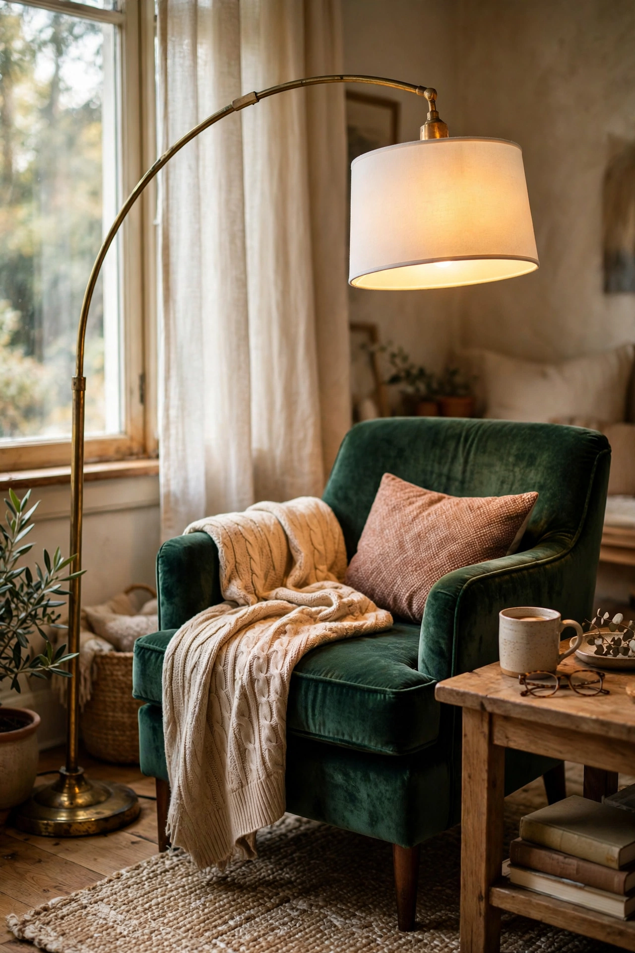 Brass arc floor lamp with drum shade over a reading chair