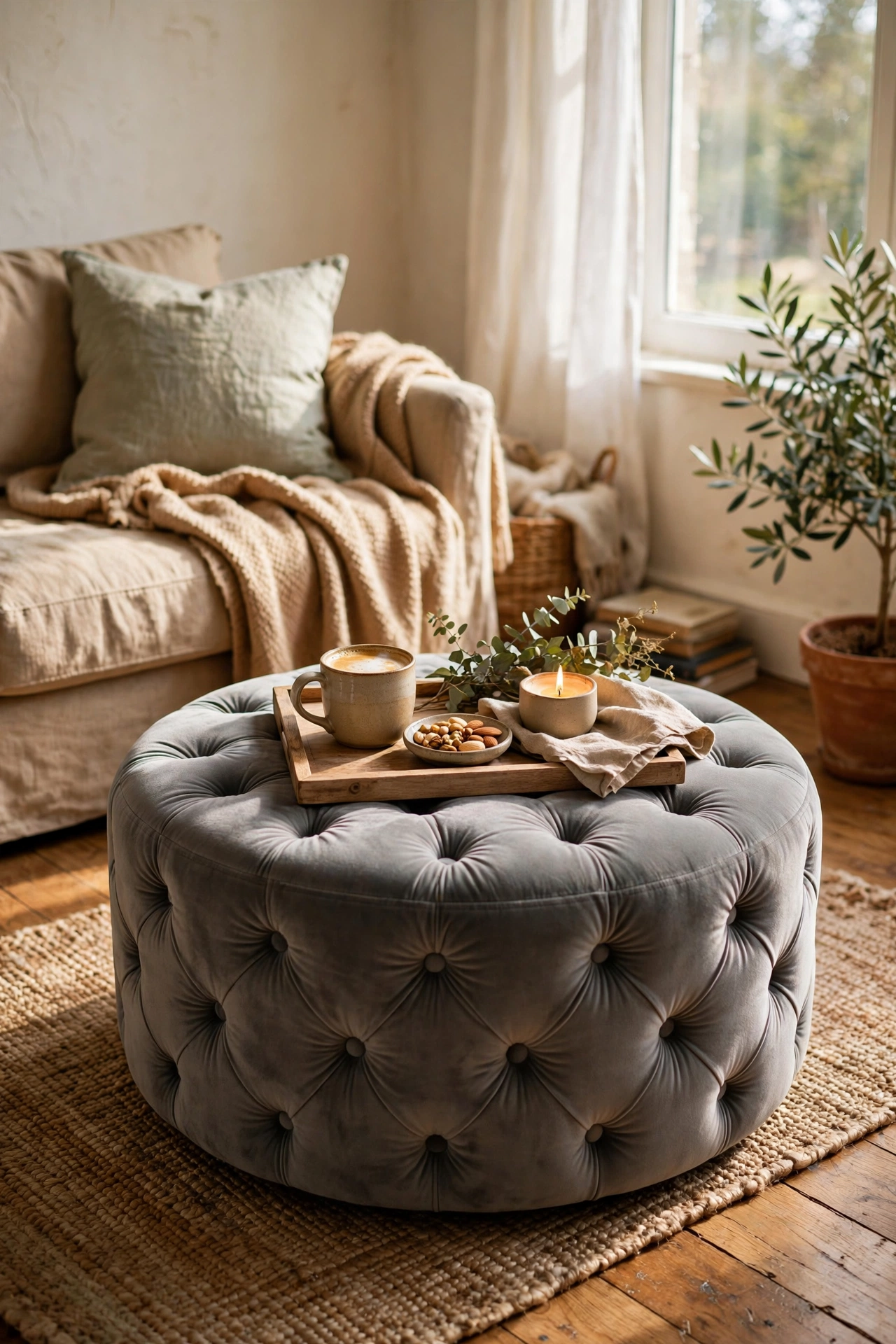 Round tufted velvet ottoman used as a coffee table