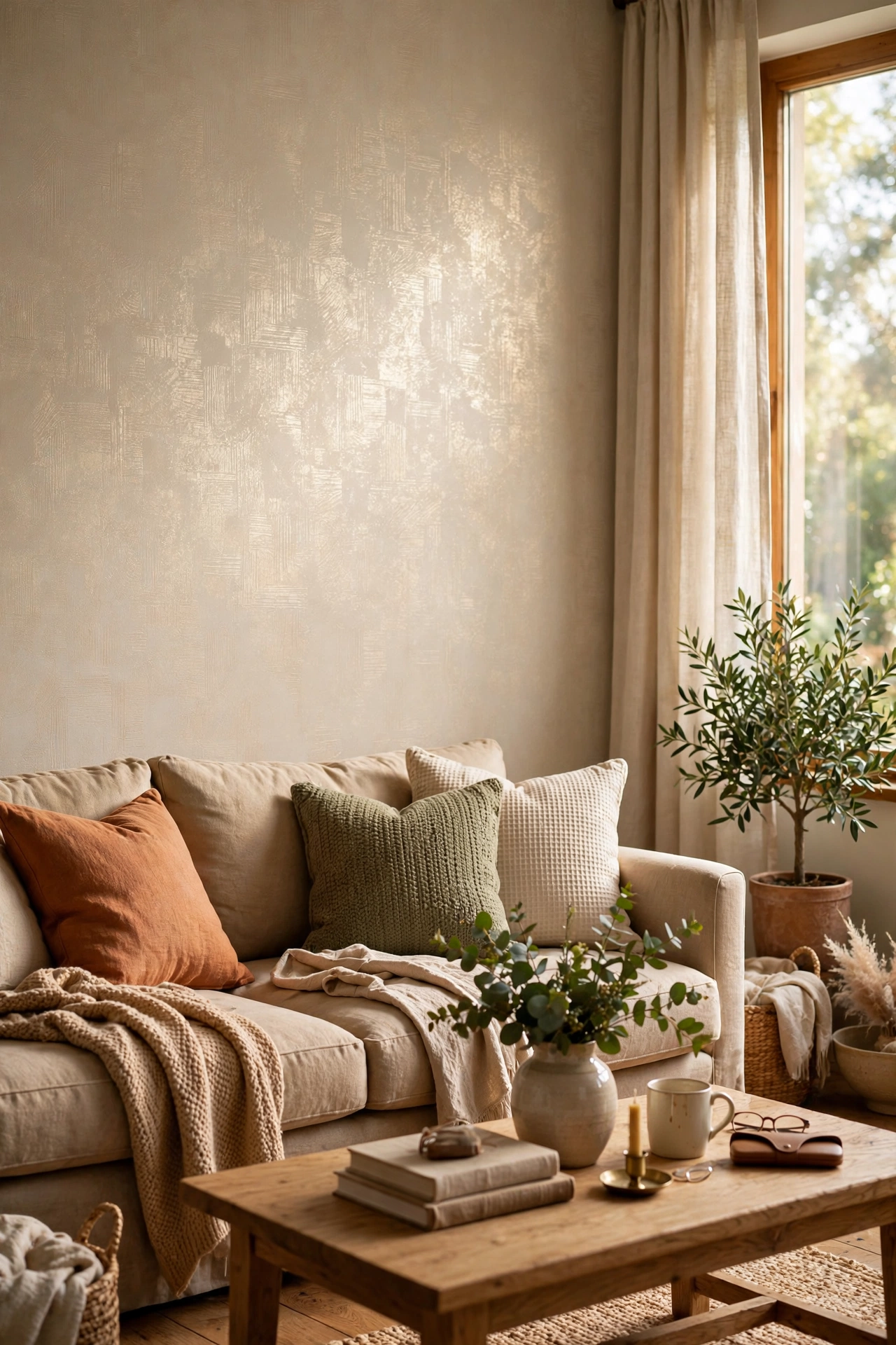 Champagne metallic wallpaper glowing behind a sofa
