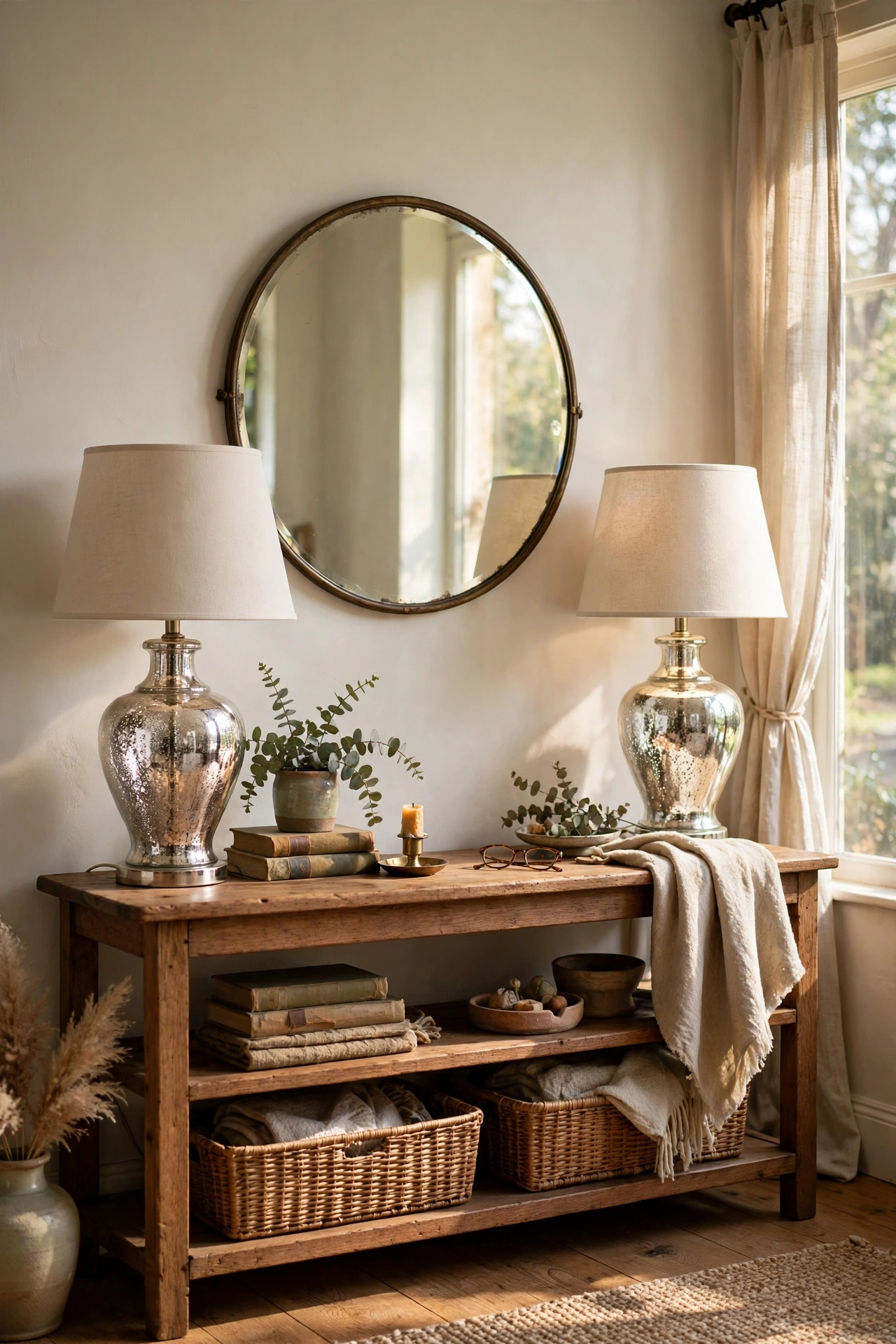 Pair of mercury glass table lamps flanking a mirror