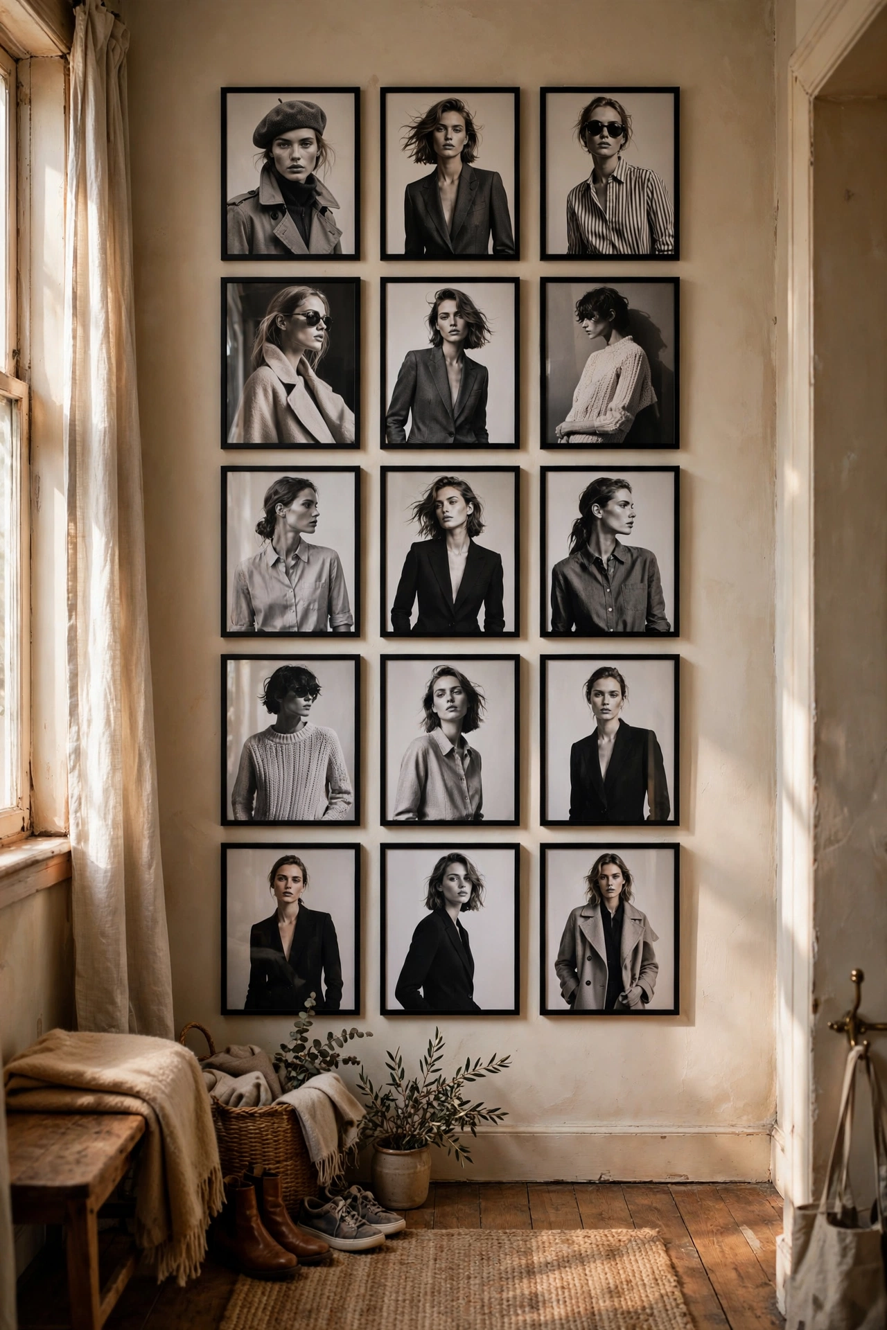Grid of black and white fashion prints in thin black frames