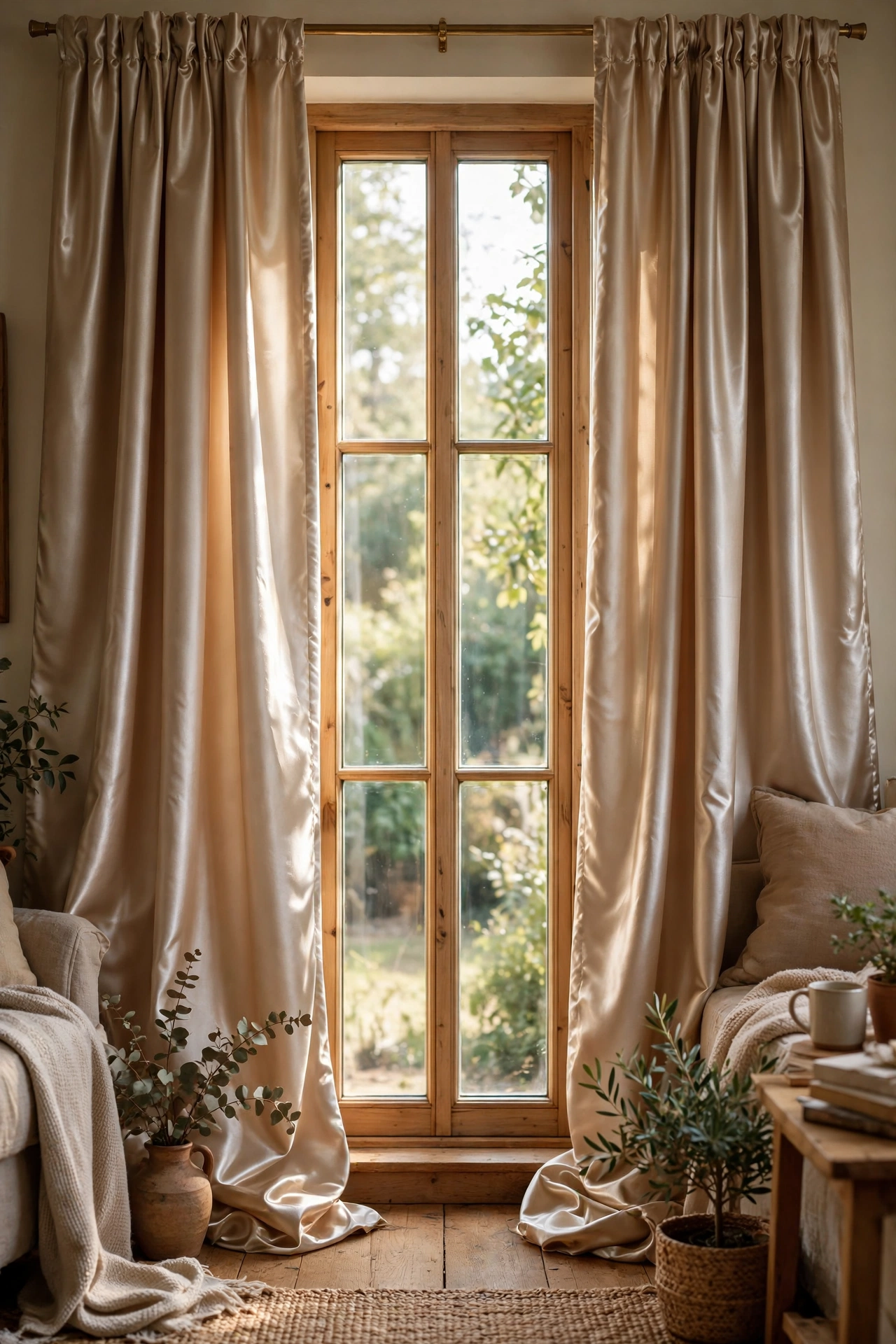 Champagne satin curtains pooling on the floor