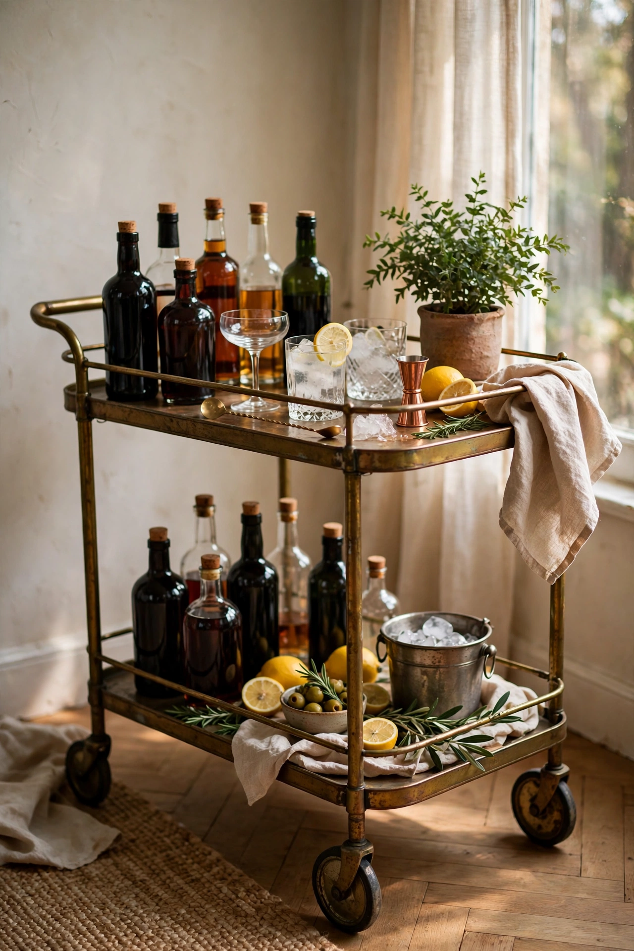 Brass bar cart styled as an elegant cocktail station