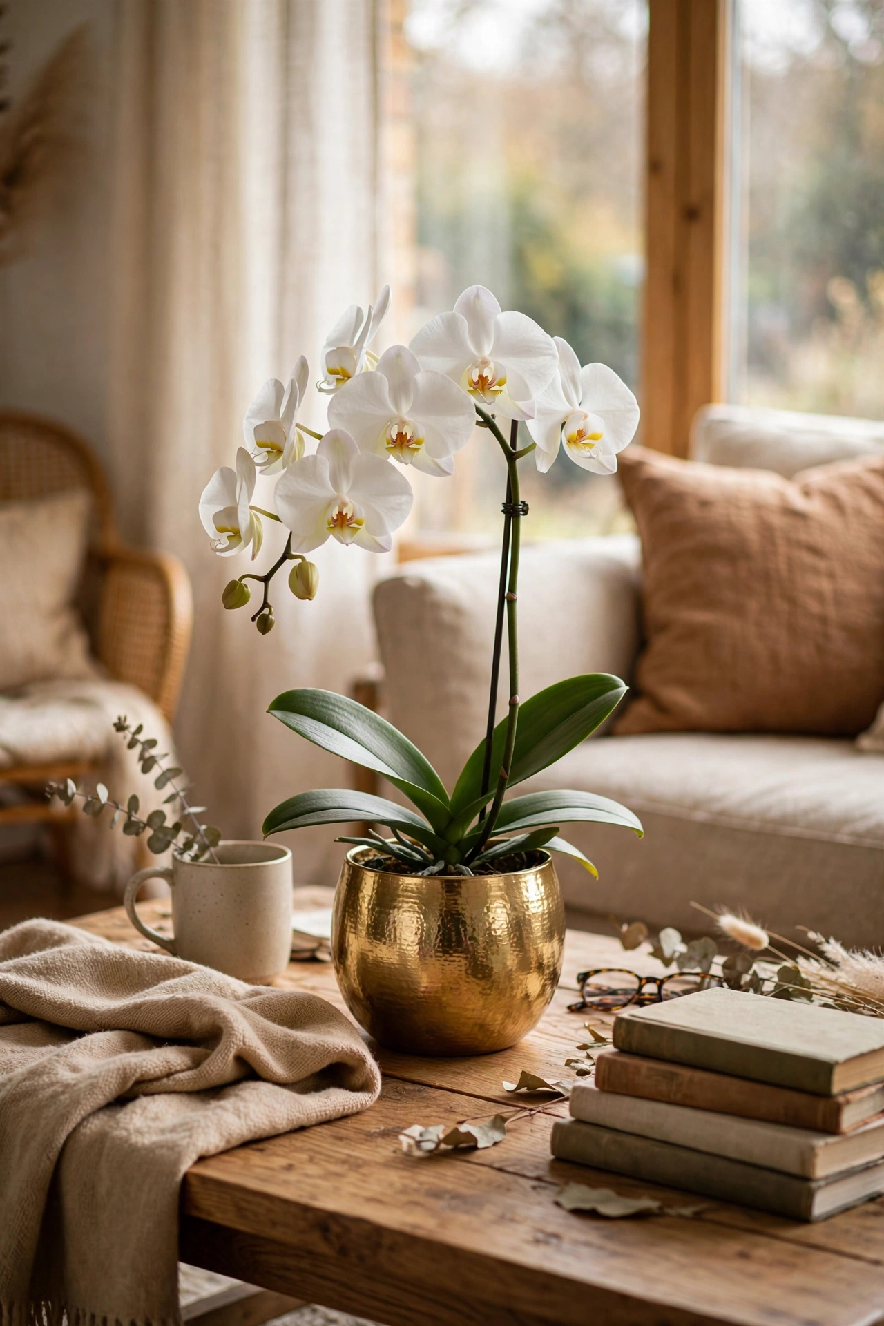 White orchid in a gold pot on a coffee table