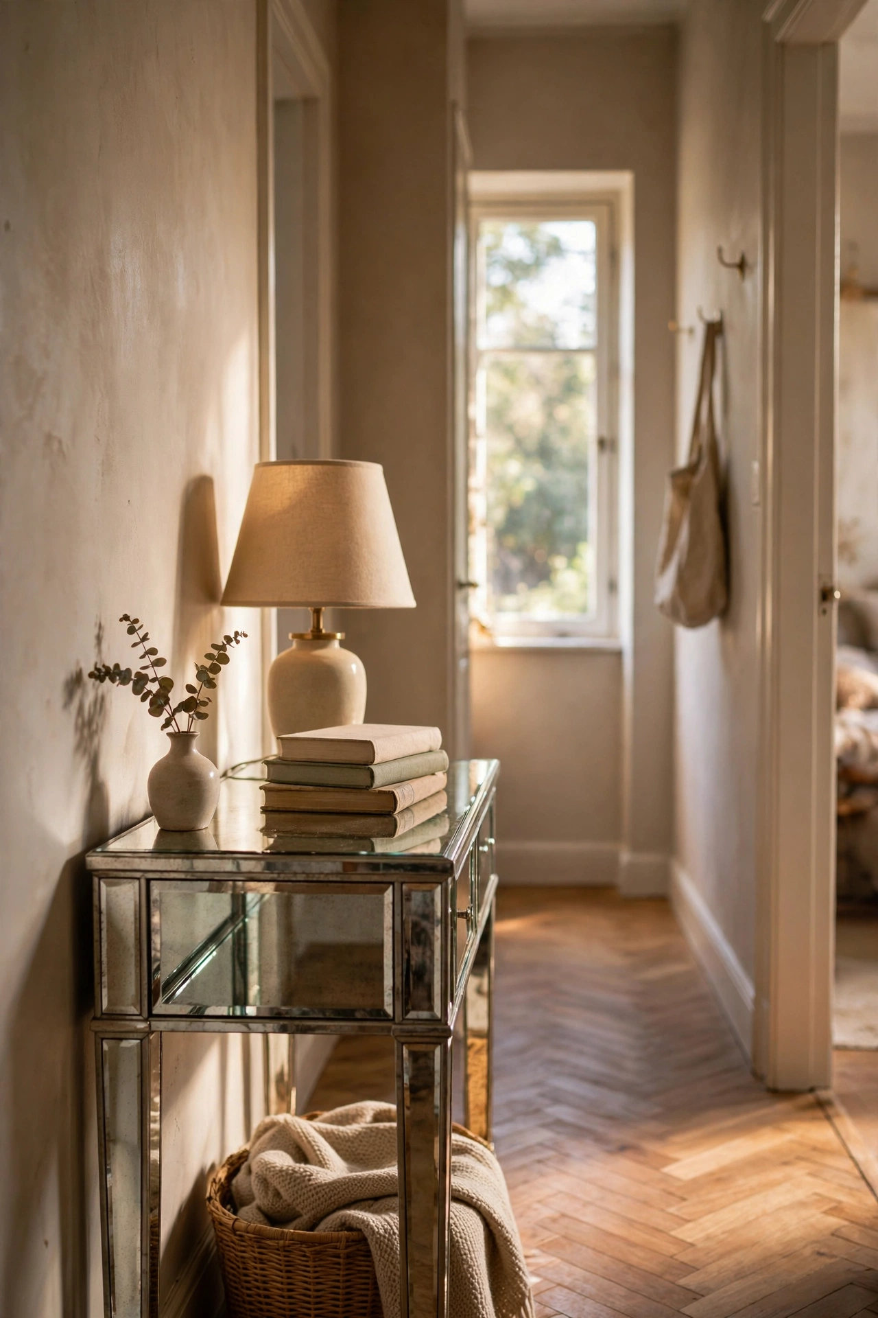 Mirrored console table styled minimally in a hallway