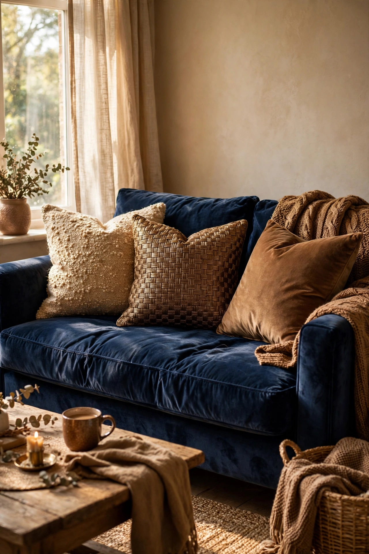 Champagne and gold cushions on a navy velvet sofa