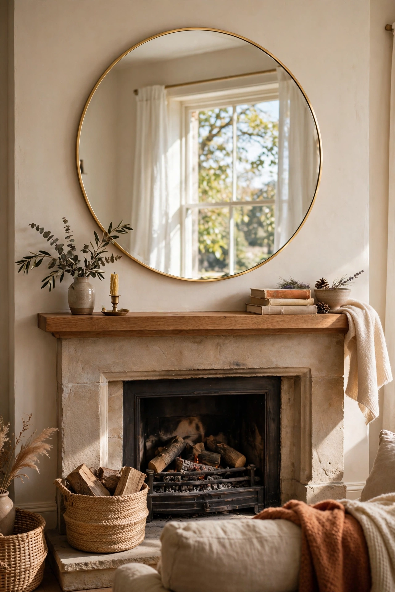 Large round mirror with thin gold frame above a fireplace