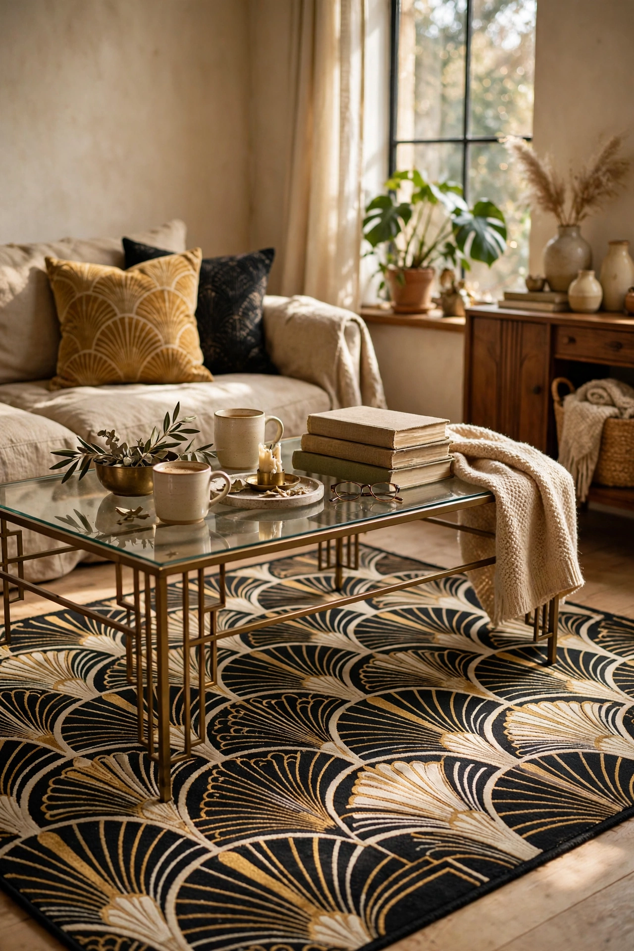 Art deco geometric rug in black gold and cream