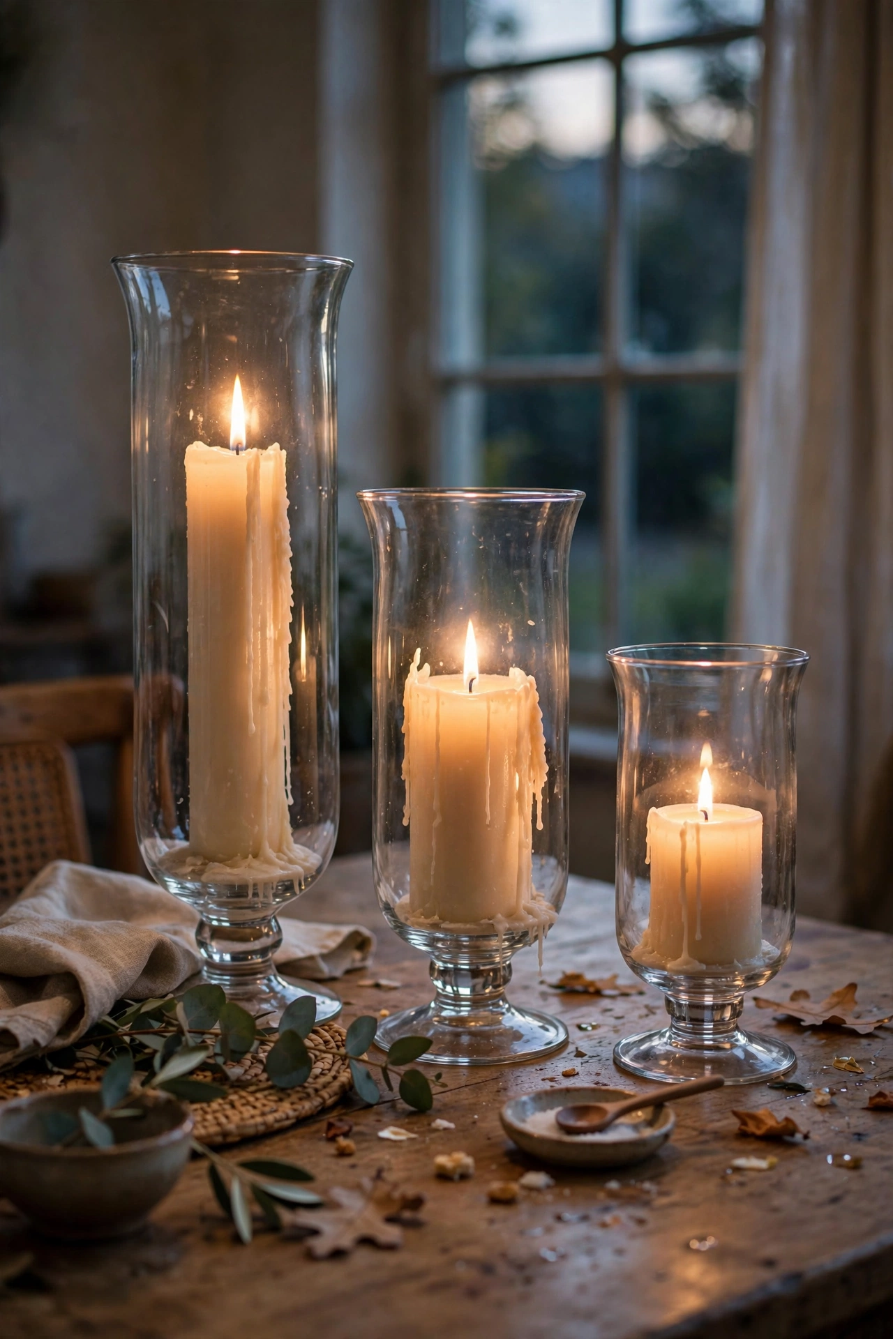 Three glass hurricane candle holders glowing on a dining table
