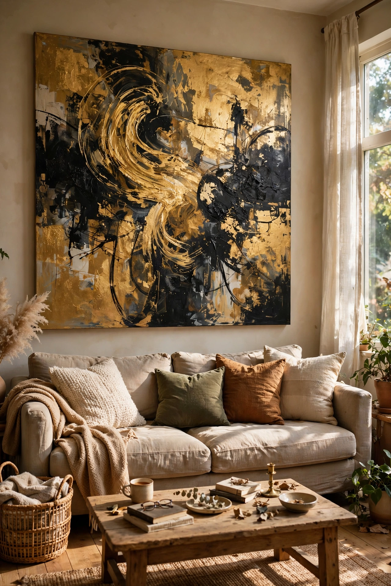 Enormous gold and black abstract painting over a sofa